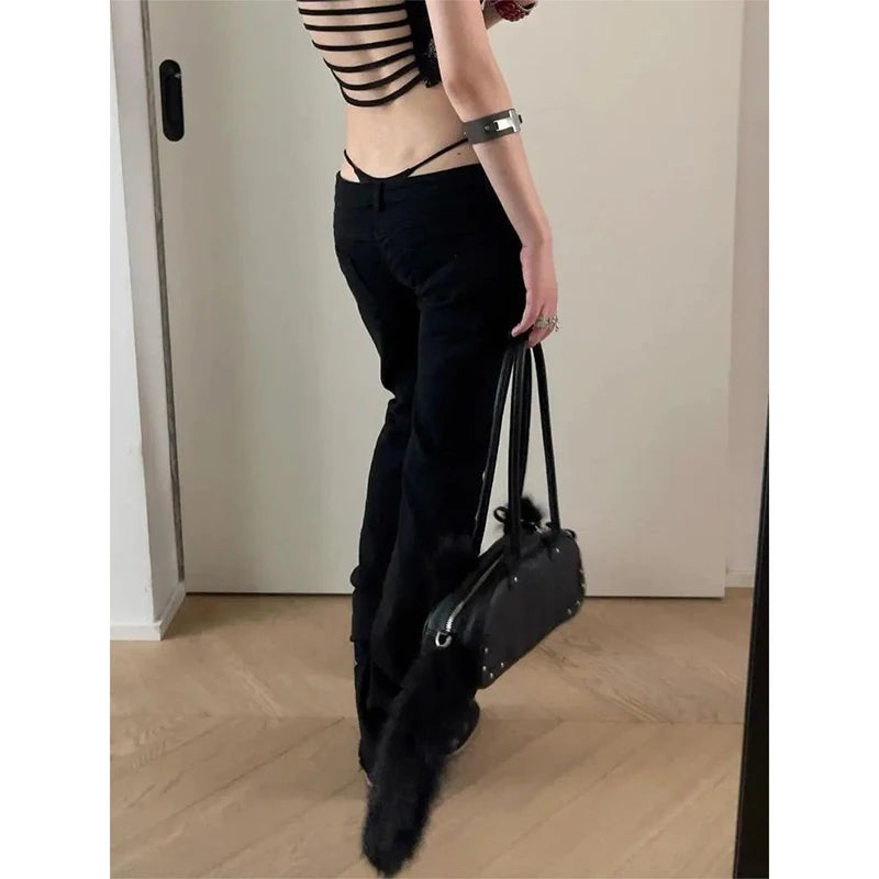 Women Vintage Black Low Rise Flared Jeans Denim Pants American Retro Rivet Slim 90s Bell Bottom Y2k Harajuku Kpop Trousers