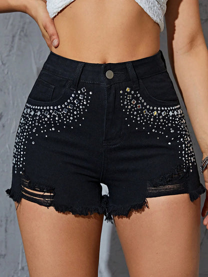 Women Ripped Frayed Hem Straight-Leg Jeans Shorts Summer Non-Stretch Button Zipper Pockets Fashion Beaded Denim Mini Shorts