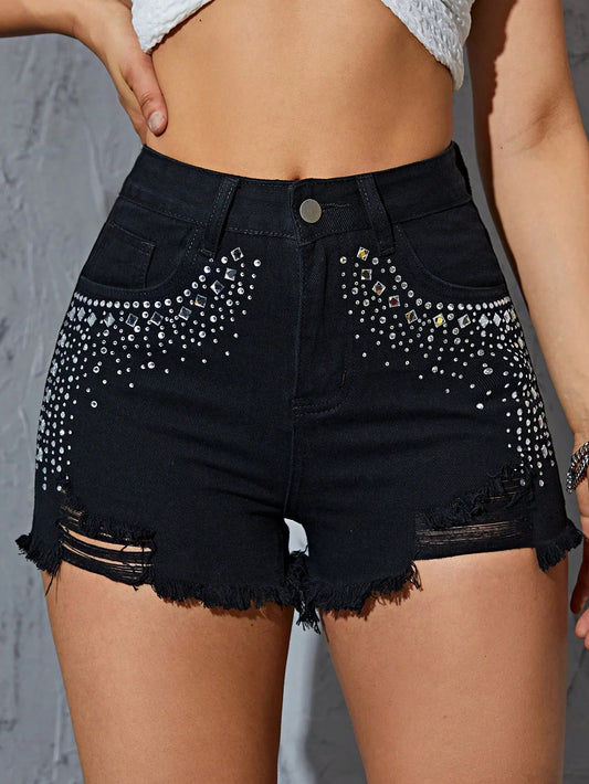 Women Ripped Frayed Hem Straight-Leg Jeans Shorts Summer Non-Stretch Button Zipper Pockets Fashion Beaded Denim Mini Shorts