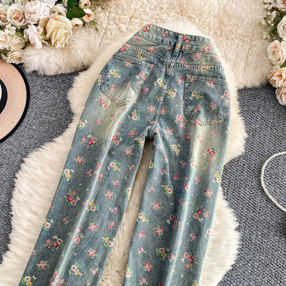 Women's Fashion Floral Print Denim Pants Colorful Flower Wide Leg Trousers Female Spring Autumn Versatile High Waist Blue Jeans