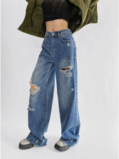 Women's Destroyed Jeans 2025 Spring Summer High Waist Loose Leg Floor-Length Distressed Denim Vintage Daily Staple
