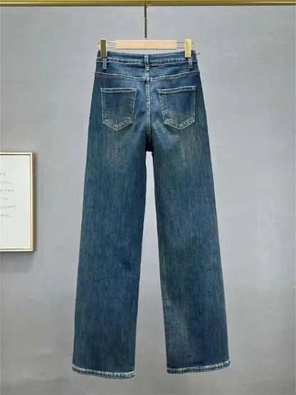 Fashion Women's Jeans High Waist One Side Plaid Shape Diamonds Wide Leg Denim Pants 2025 New Classic Straight Trousers