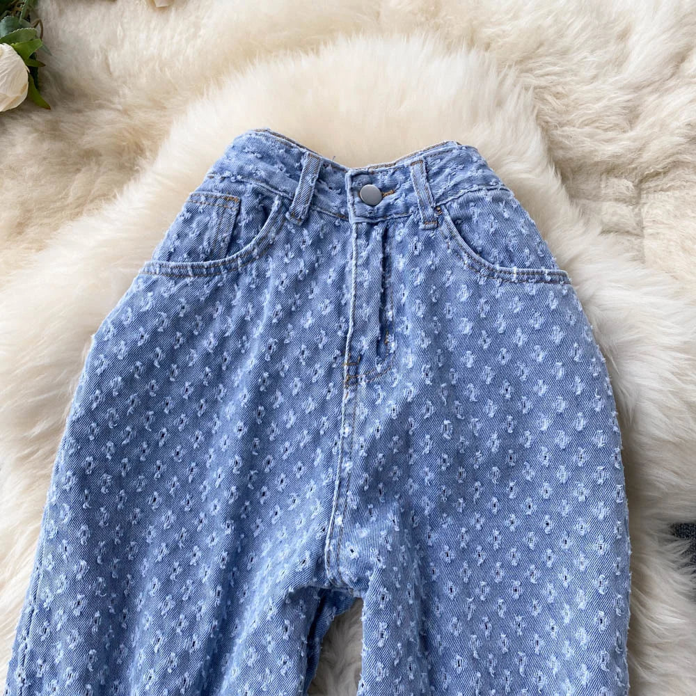 Ripped Jeans for Women Casual Streetwear New Spring Autumn High Waist Straight Leg Pants Fashion White Blue Denim Trousers