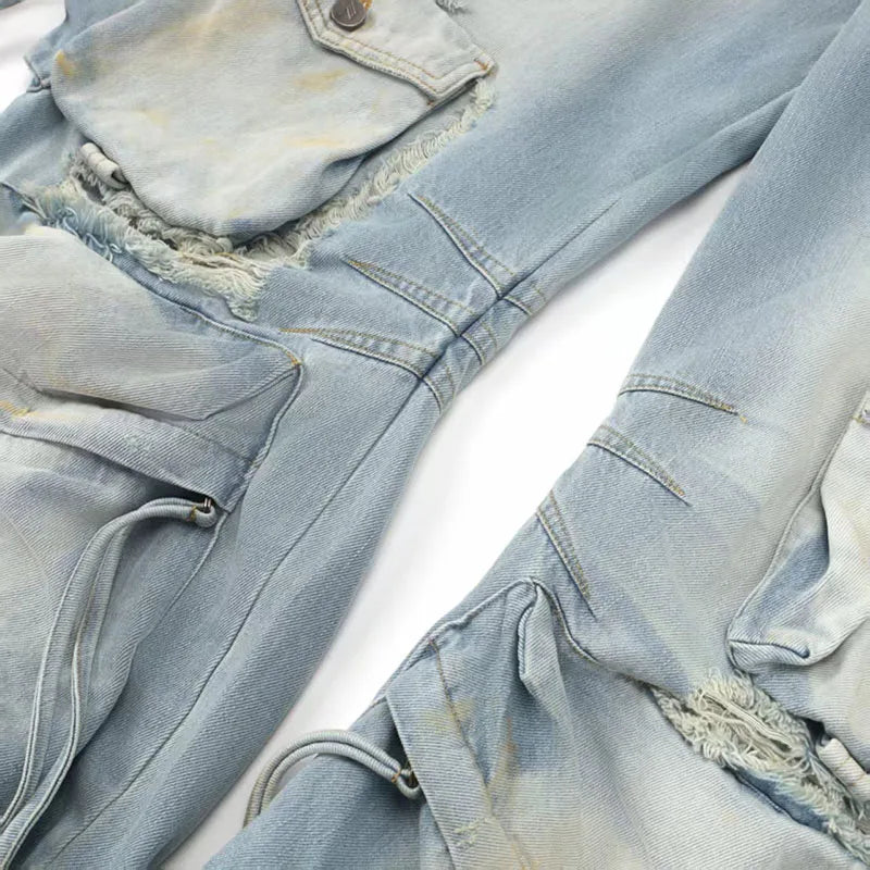 Women's jeans 2025 Winter new low waisted slim fit pure cotton wide leg pants Retro ripped cargo pants Multi pocket denim pants