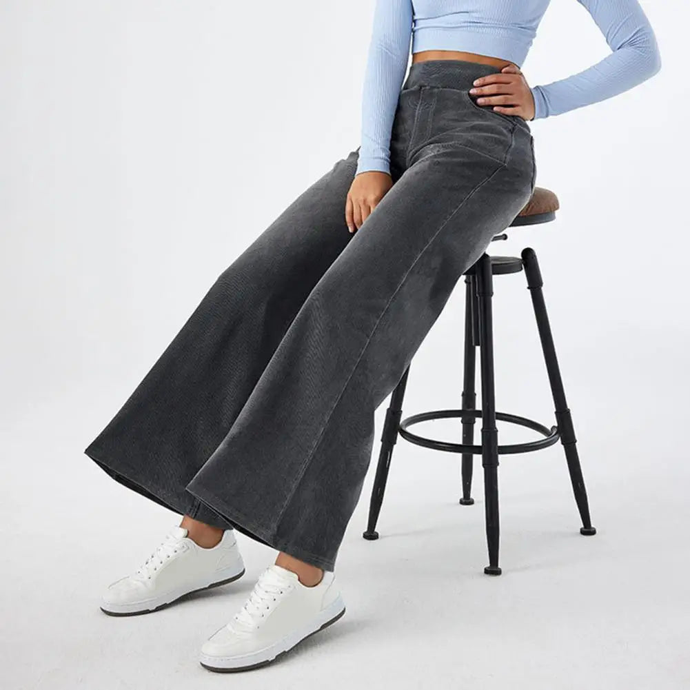 Women Jeans With Pockets Elastic High Waist Solid Color Full Length Pants Straight Wide Leg Trousers Sweatpant Daily Commuting