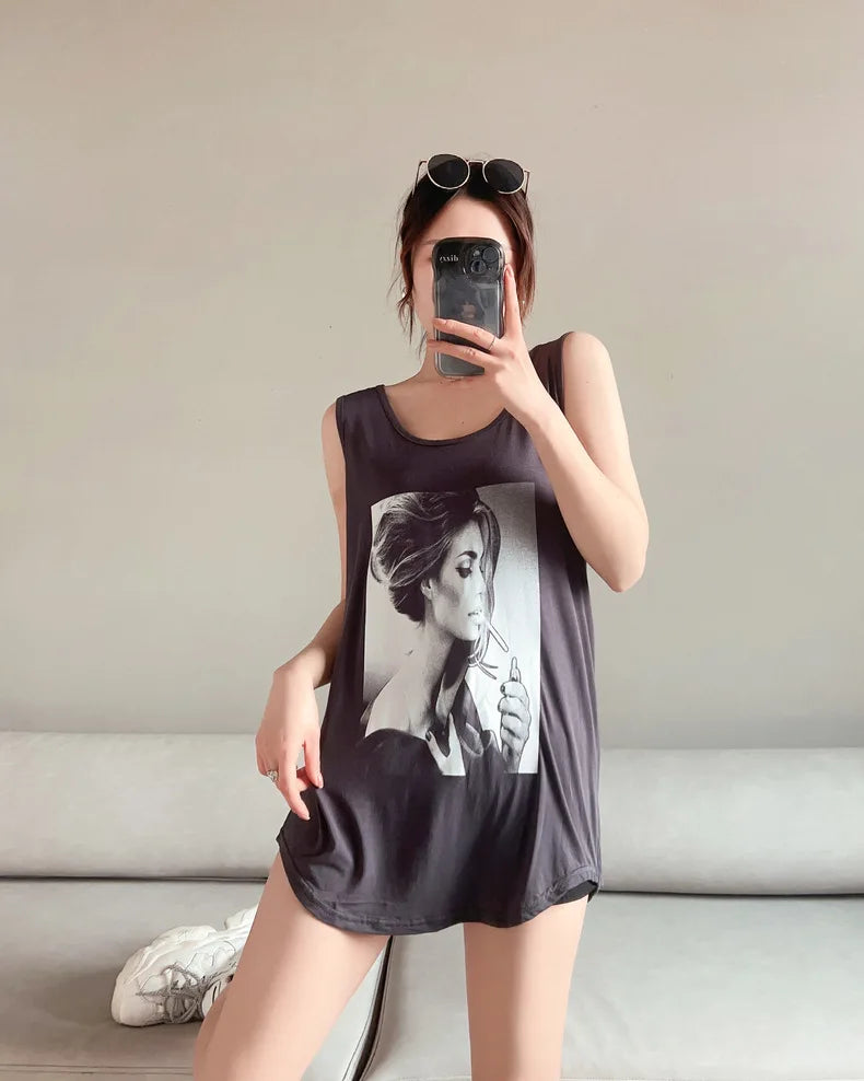 Women Long Tank Tops O-Neck Fashion Print Beauty's Head Casual Loose sleeveless T-shirt streetwear camis tops