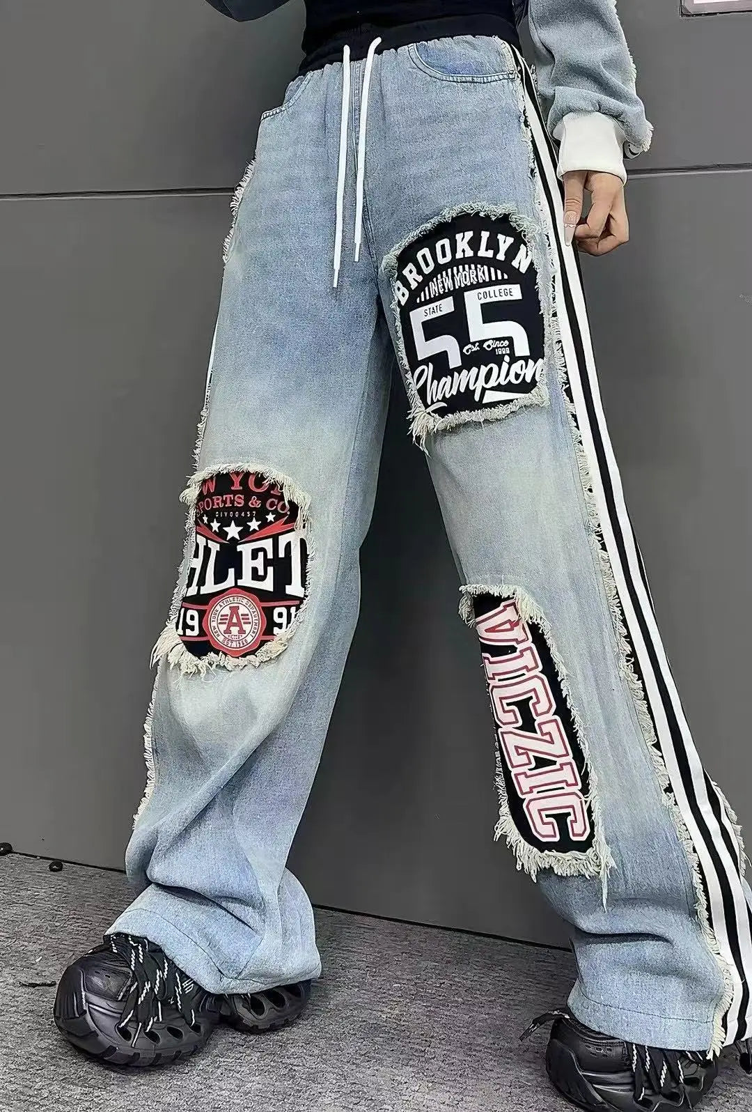 European Style Women's Jeans 2025 Autumn New Heavy-Duty Distressed Frayed Edge Letter Print Drawstring Long Pants Jeans Woman