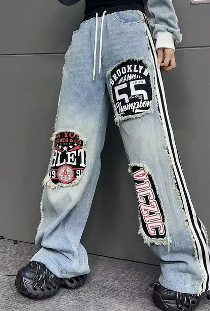 European Style Women's Jeans 2025 Autumn New Heavy-Duty Distressed Frayed Edge Letter Print Drawstring Long Pants Jeans Woman