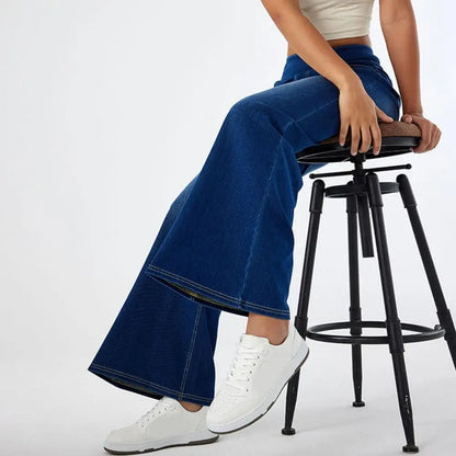 Women Jeans With Pockets Elastic High Waist Solid Color Full Length Pants Straight Wide Leg Trousers Sweatpant Daily Commuting