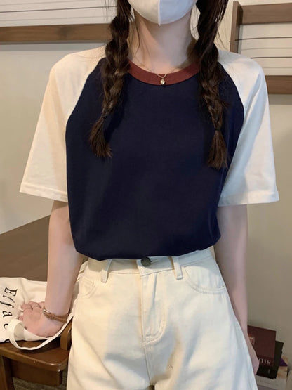 Summer Tops for Women Tshirt Turn Down Collar Short Sleeve Beige Blue Chic Y2k Fashion Patchwork 2026 T Shirts