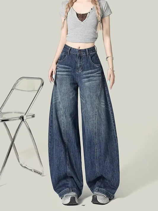 Washed blue textured high waisted retro casual jeans suitable for women in spring and autumn new Harajuku loose wide leg pants