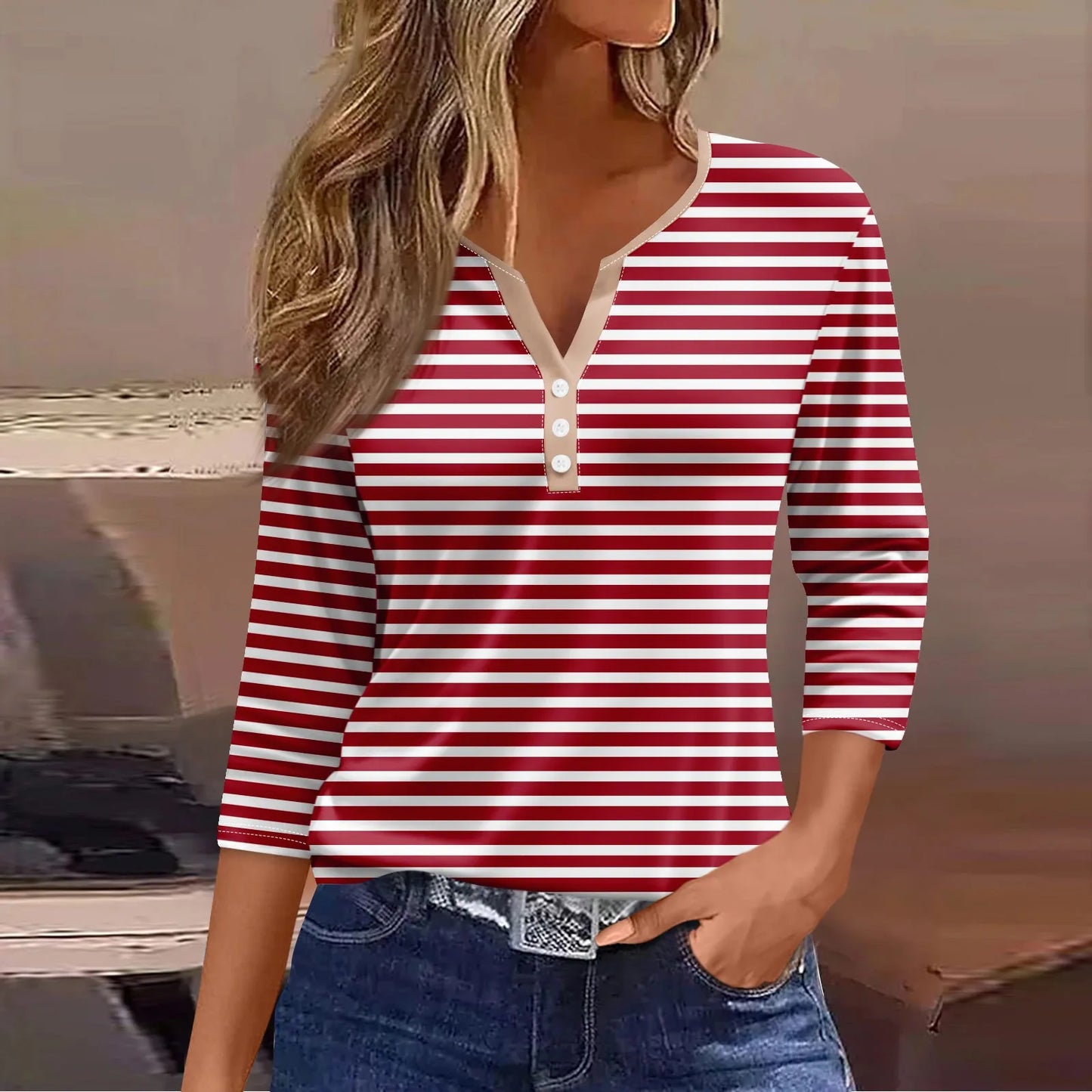 Tops For Women Women'S T Shirt Tee Print Button 3/4 Sleeve Daily Weekend Fashion Basic V Neck Regular Top Ropa De Mujer New