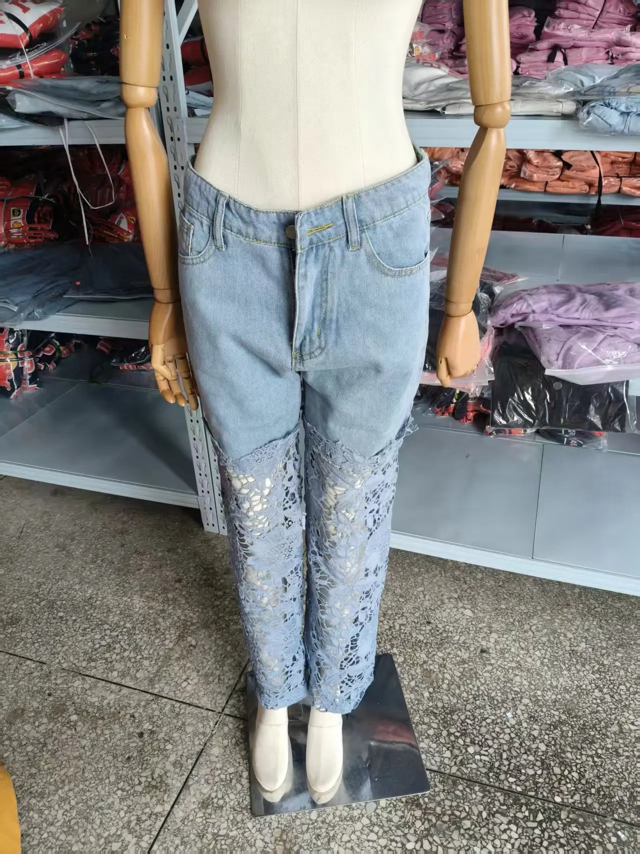 Fashion Elegant Jeans for Women High Waist Lace Patchwork Pantalones Hollow Out Oversized Spring Casual Loose All Match Pants