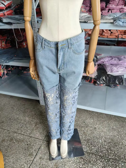 Fashion Elegant Jeans for Women High Waist Lace Patchwork Pantalones Hollow Out Oversized Spring Casual Loose All Match Pants