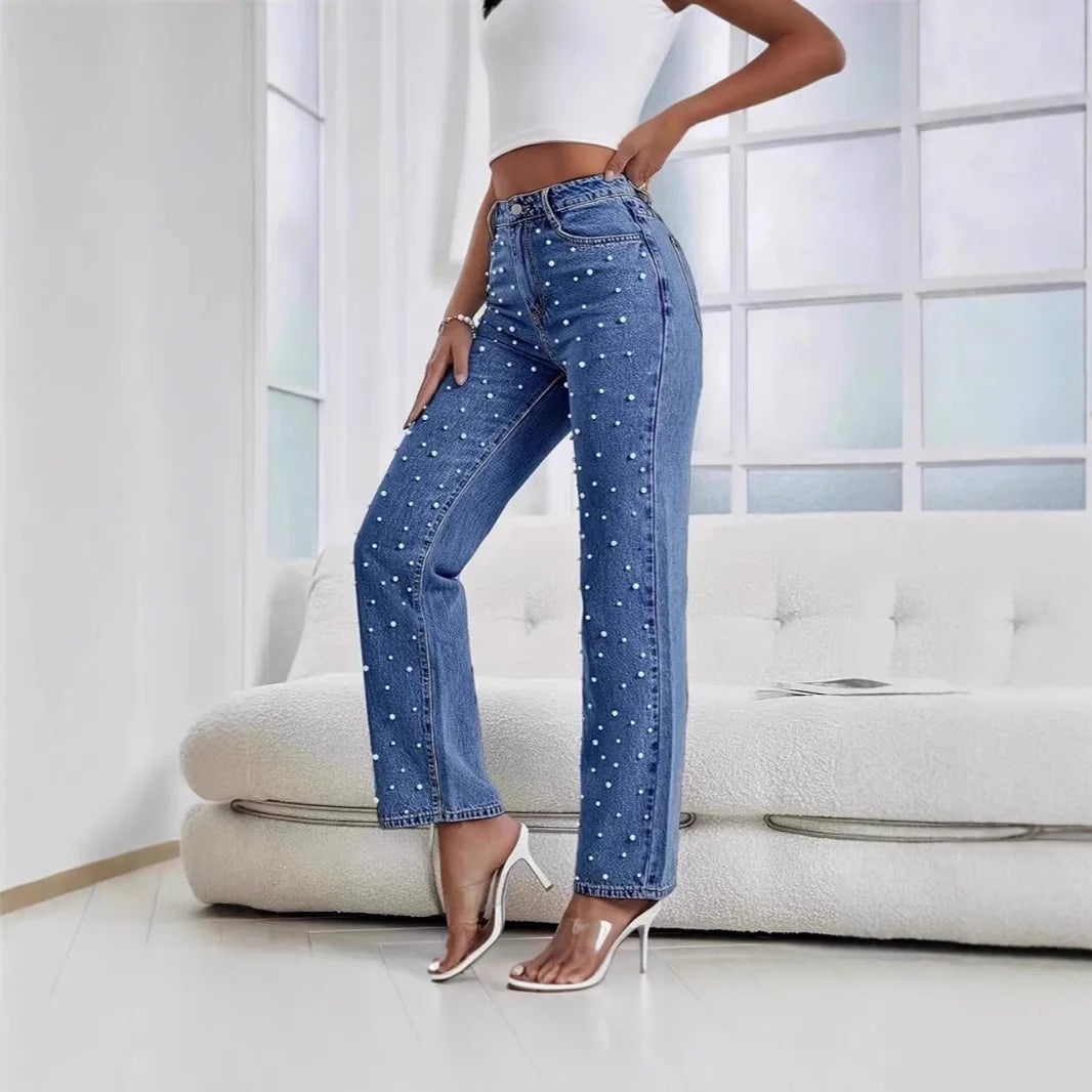 New 2026 Women's Jeans Pants Beading High Waist Casual Straight Pants for Women Streetwear Elegant Splice Denim Female Trousers