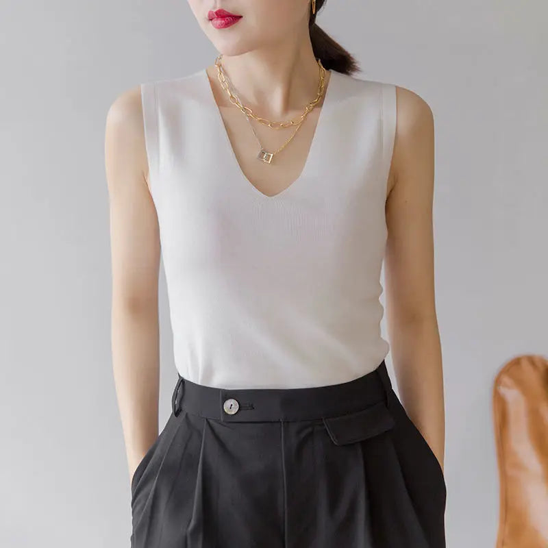 AOSSVIAO 2025 Summer Women Knitted Tank Tops Women Thin Tops Basic Casual Tank Tops V-neck Tees Sleeveless Tops For Women