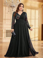 Plus Size Luxury Chiffon Long Sleeve Evening Dresses Women Sequin Red Wedding Party Cocktail Prom Floor Lenght Gowns