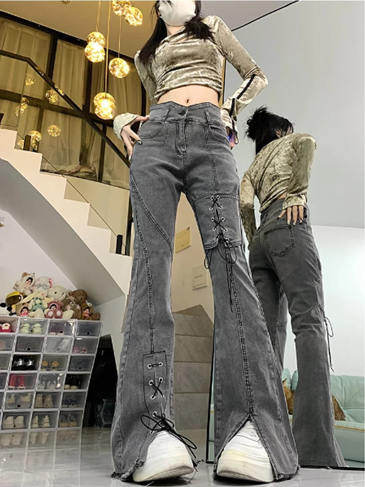 Women's Y2k Flare Jeans Baggy Trashy Aesthetic Lace-up Denim Trousers Harajuku Jean Pants Vintage Japanese 2000s Style Clothes