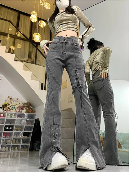 Women's Y2k Flare Jeans Baggy Trashy Aesthetic Lace-up Denim Trousers Harajuku Jean Pants Vintage Japanese 2000s Style Clothes