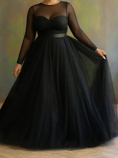 Women's Plus Size Mesh Evening Dress Long Sleeve See Through High Waist Pleated A-Line Elegant Wedding Guest Black Maxi Dresses