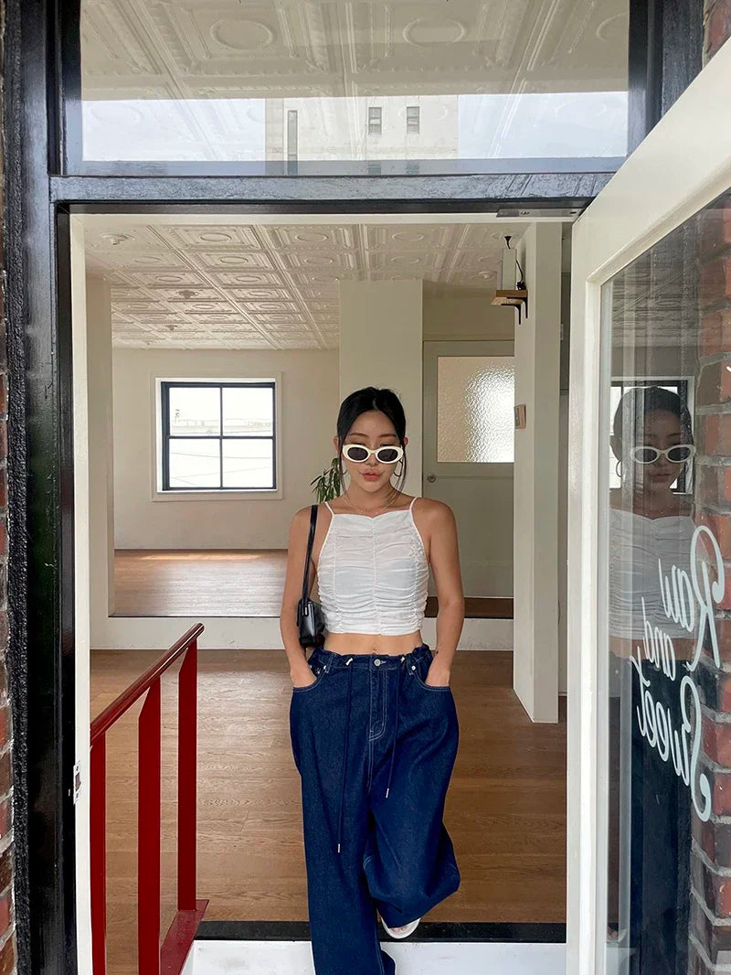 Korean Ins Retro Versatile High Waist Women's Straight Leg Jeans Summer New Fashion Loose Drawstring Design Women Wide Leg Jeans