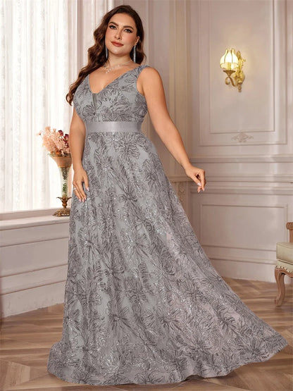 Plus Size Luxury Deep V-Neck Sequins Blue Evening Dress Women Elegant V-back Wedding Party Long Prom Cocktail Dresses