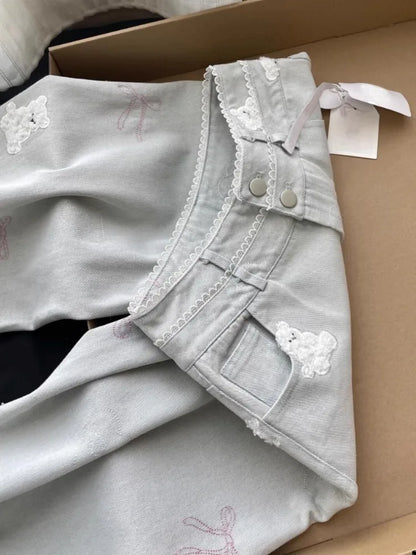 Vintage Women Jeans Streetwear Bear Embroidery Y2k Wide Leg Pants Pantalon Femme High Waist Straight Casual Chic Denim Trousers
