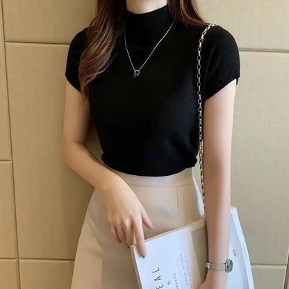 Womens Tops And Blouses Summer Short Sleeve Blouse Women Blusas Mujer De Moda 2023 Turtleneck Knitted Blouse Shirt Tops