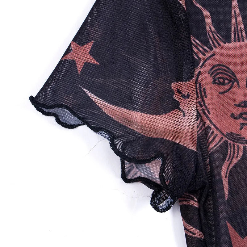 Top Women See-through Crop Tops Summer Clothes Transparent Moon Star Print Short Sleeve Ruffle T-shirt Sexy Club y2k Streetwear