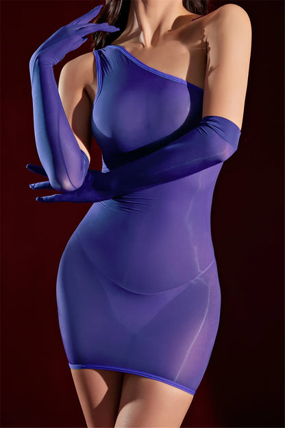 Sexy Women 5D Thin Oil Glossy Shiny Micro Mini Dress Sloping Shoulders Tights Dress Sheer See Through Elastic Maid Dress