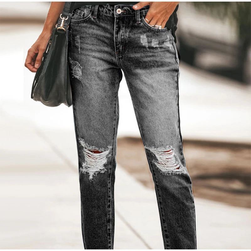 Casual Straight Jeans Women High Waisted Washed Skinny Ripped Slim Denim Pants 2025 Autumn Fashion Trend Commute Lady Trousers