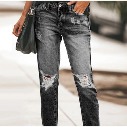 Casual Straight Jeans Women High Waisted Washed Skinny Ripped Slim Denim Pants 2025 Autumn Fashion Trend Commute Lady Trousers