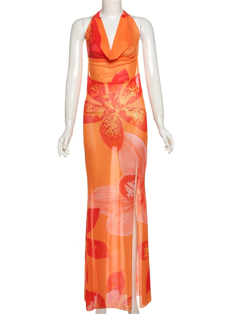 Sisterlinda Print Slim Halter Cleavage Backless Long Dress Women Sexy Popular Body-shaping Vestidos Girl Festival Party Bodycon