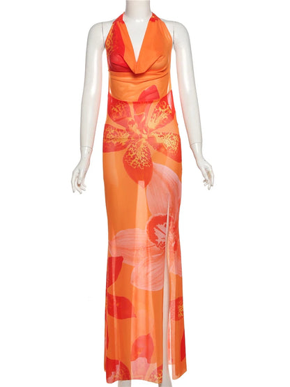 Sisterlinda Print Slim Halter Cleavage Backless Long Dress Women Sexy Popular Body-shaping Vestidos Girl Festival Party Bodycon