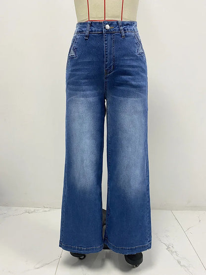 Jeans Women Wide Leg Pants Streetwear Floor Length High Waist Vintage Distressed Washed Embroidery Pockets Denims Trousers