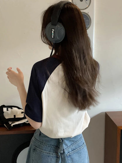 Summer Tops for Women Tshirt Turn Down Collar Short Sleeve Beige Blue Chic Y2k Fashion Patchwork 2026 T Shirts