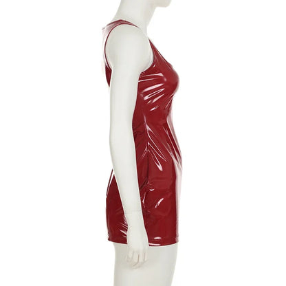 2025 Sexy Red Shiny Leather Mini Dresses Fashion Vintage Clubwear Sleeveless Clothing Bodycon HotSweet Women's Outfits