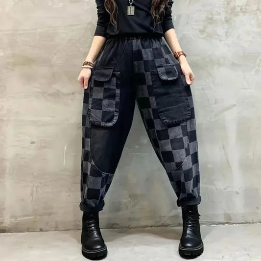 Jeans Woman High Waist Spring Summer Retro Embroidery Denim Trousers Ladies Elastic Waist Harem Pants Loose Jean Femme Pant 124
