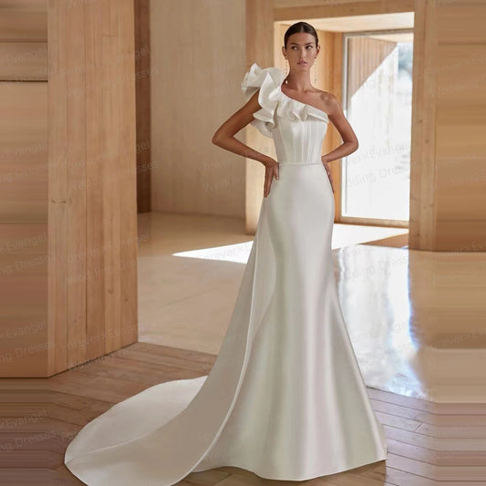 Luxury Sexy Wedding Dresses Mermaid Sleeveless Woman's One Shoulder Backless Bride Gowns Button Customized Sweep Train Vestidos