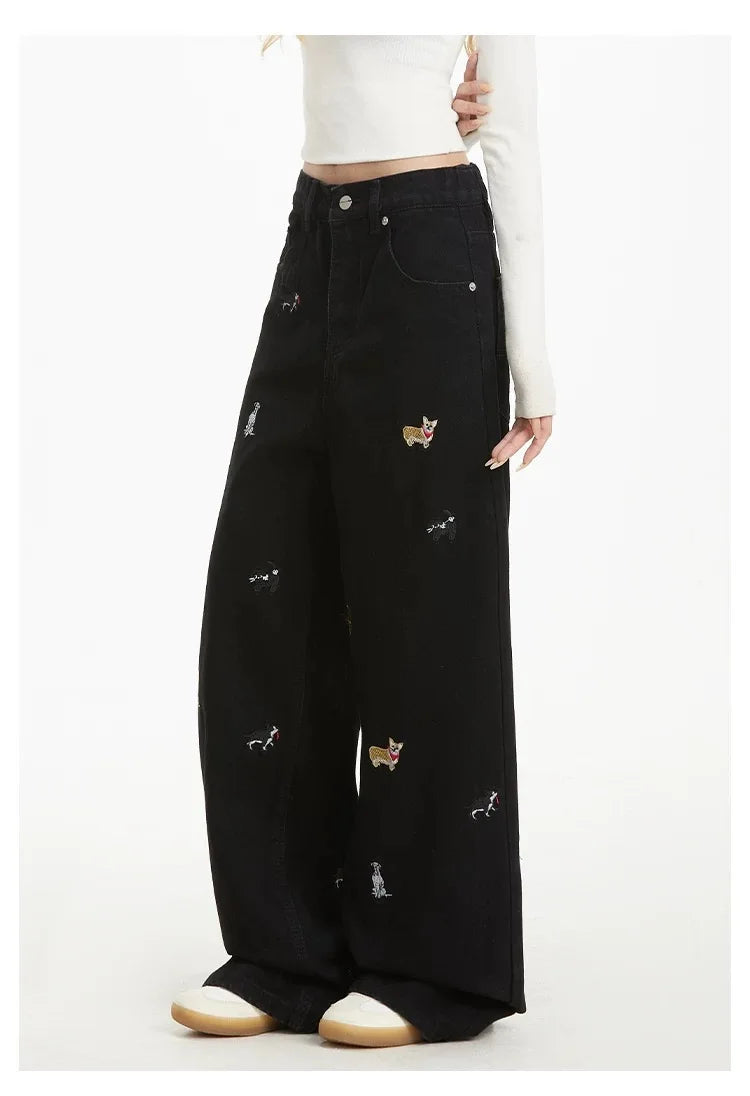 Women's Embroidered Basic Denim Women Jeans American Retro Chic Straight Leg Slim Vintage Woman Jeans Casual Simple Pants Female