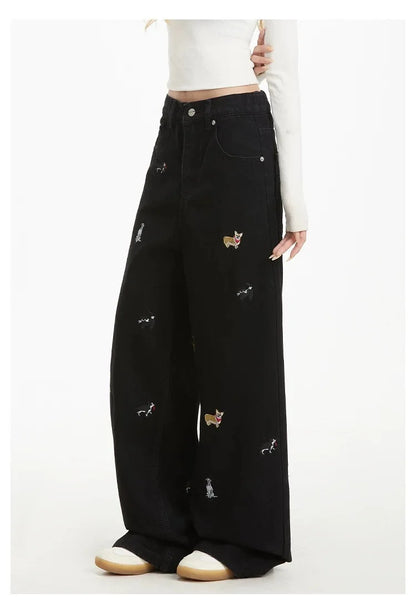 Women's Embroidered Basic Denim Women Jeans American Retro Chic Straight Leg Slim Vintage Woman Jeans Casual Simple Pants Female