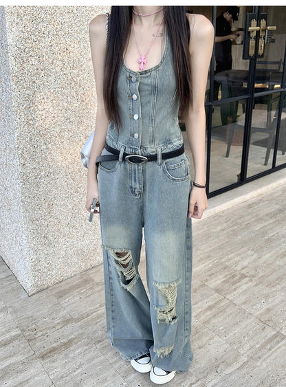 Women's Casual Denim Overalls Vintage Button Down Sexy Backless Holes Hollow Out Ripped Denim Full Pants Female 2024 New Jeans