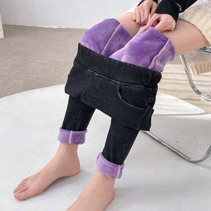 Women's Winter Jeans Fleece Warm Slim Pencil Trousers Elastic Waist Thicken Velvet Comfortable Mom Denim Pants Female