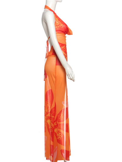 Sisterlinda Print Slim Halter Cleavage Backless Long Dress Women Sexy Popular Body-shaping Vestidos Girl Festival Party Bodycon