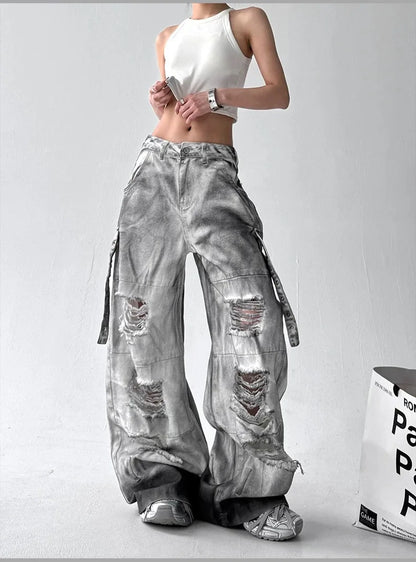 Women Tie Dye Ripped Jeans Woman Abandoned Soil Style Wide Leg Pants Summer Loose Workwear Denim Retro Vintage Trousers