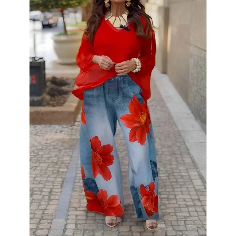 Casual Flower Printing Jeans For Woman 2025 Streetwear Wide-leg Pants Elastic Waist Pockets Denim Trousers Bottoms 179536