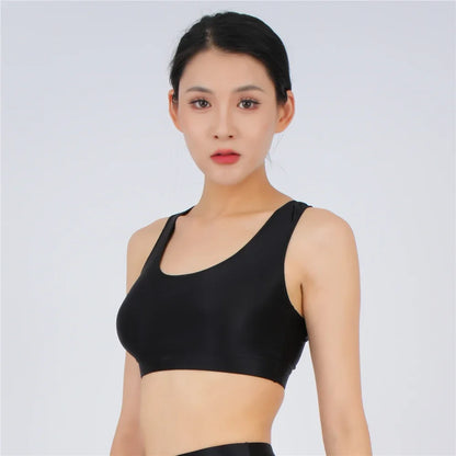 Women's Yoga Fitness Tops Sexy Candy Color UltraShort Crop Fashion Vest V Neck Oil Glossy Silky Smooth Elastic Tight Tanks Tees