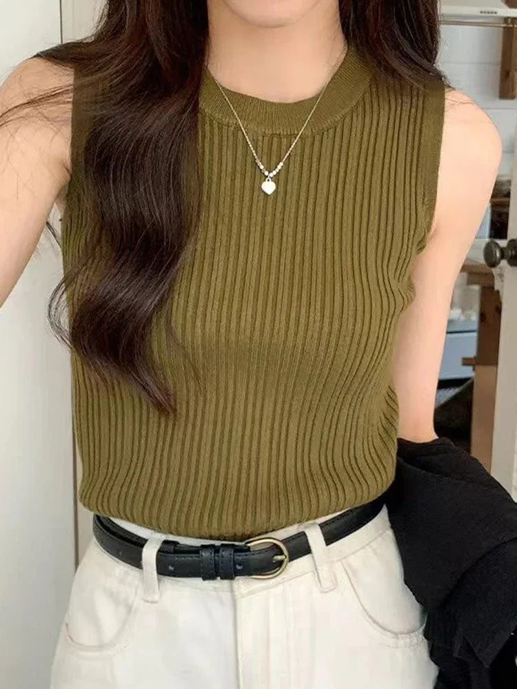 Sleeveless Blouse Shirt Women O-neck Rib Knit Vest Tank Plain Vest Tops Summer Female Basic Casual Tops Outfit