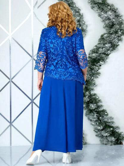 5XL Plus Size Long Dresses Women Clothing Summer Embroidery Fake Two Piece Elegant Party Dress for Wedding Guest Church Dress