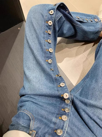 New Fashion Retro Design Multi Button Jeans For Women Slim High Waisted Straight Leg Wide Leg Pants